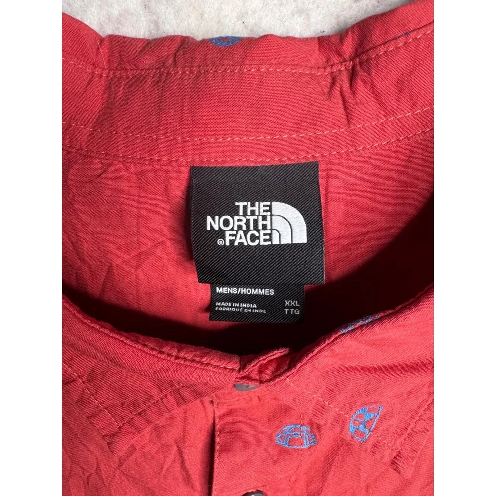The North Face Mens XXL Red Blue Dome Logo Print Short Sleeve Button Down Shirt